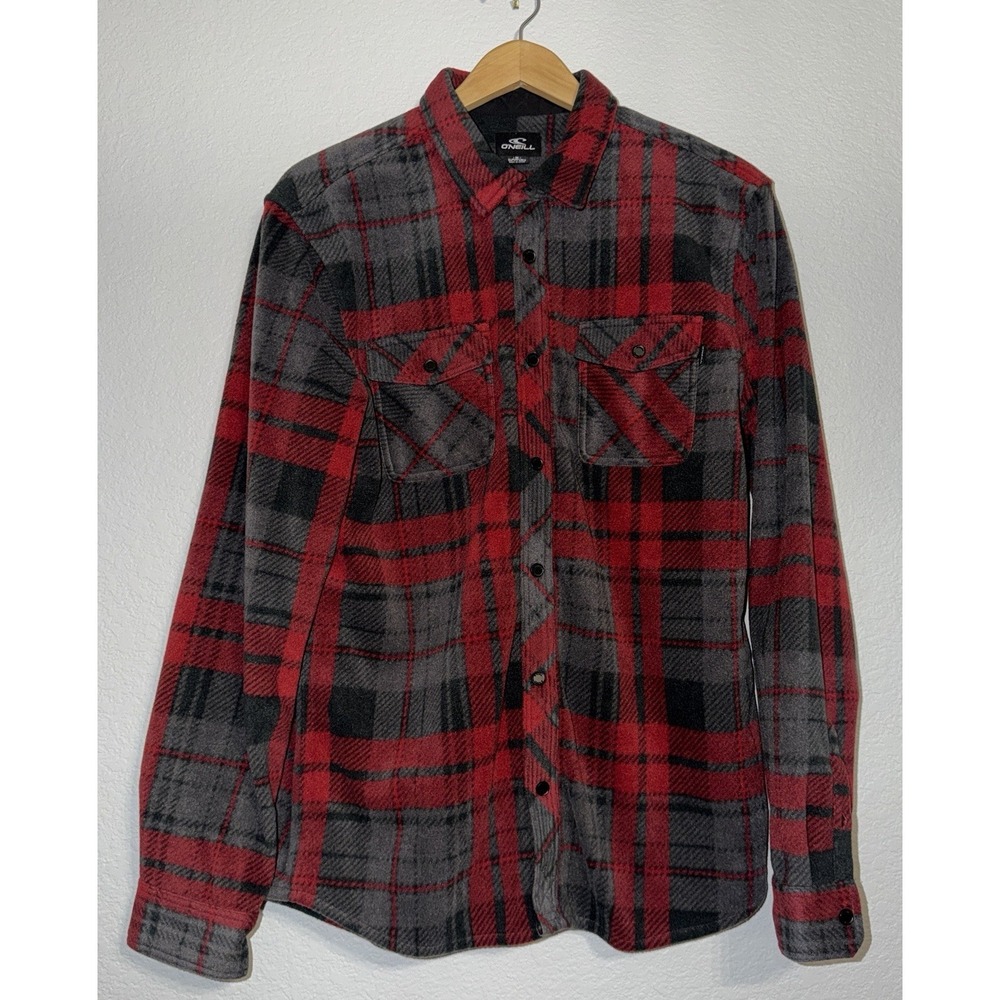 O'Neill Plaid Flannel Shirt Jacket Shacket Red Gray Black Men's M Snap Front